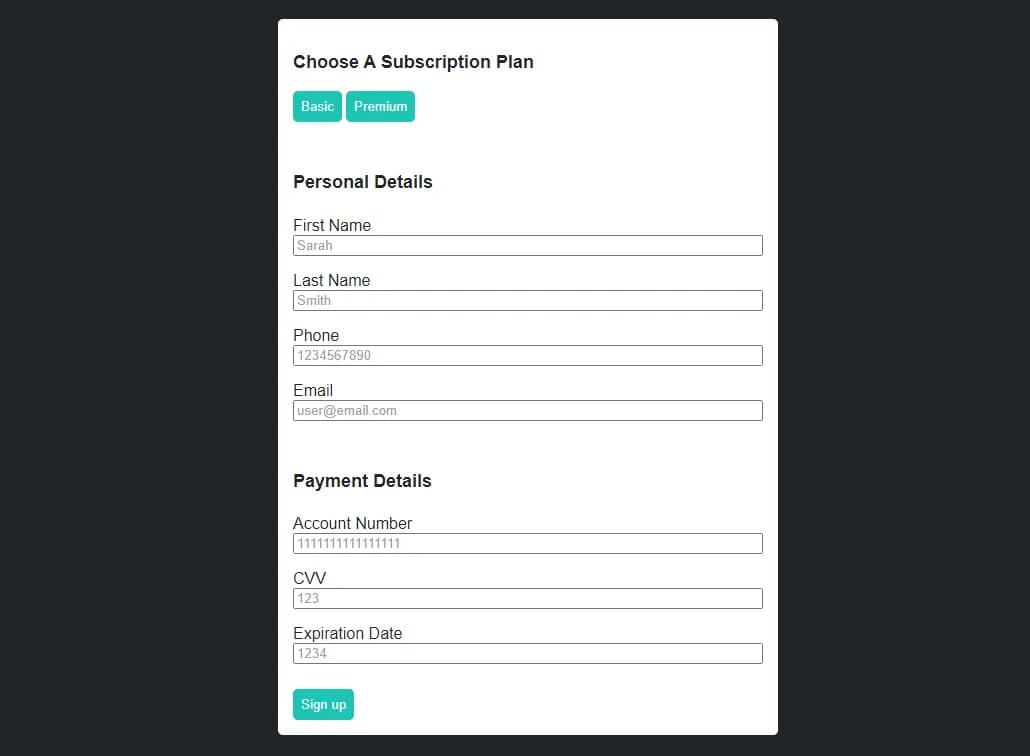 Recurring payment form made with North's Recurring Billing API