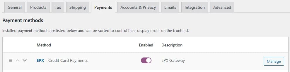 select EPX under the Payment Methods section