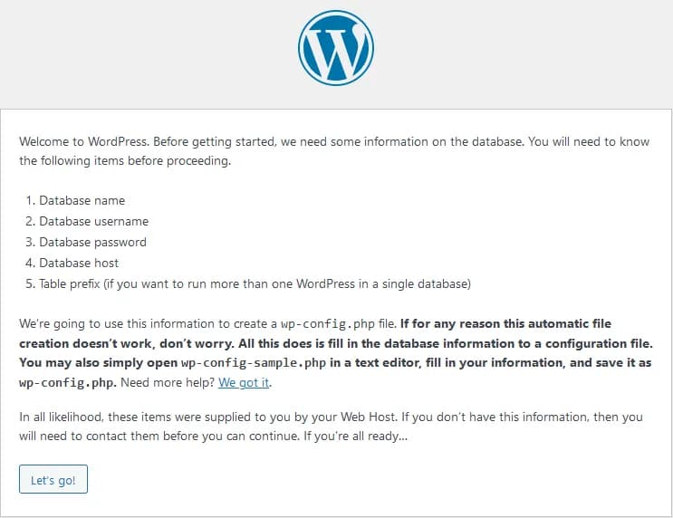 WordPress setup wizard