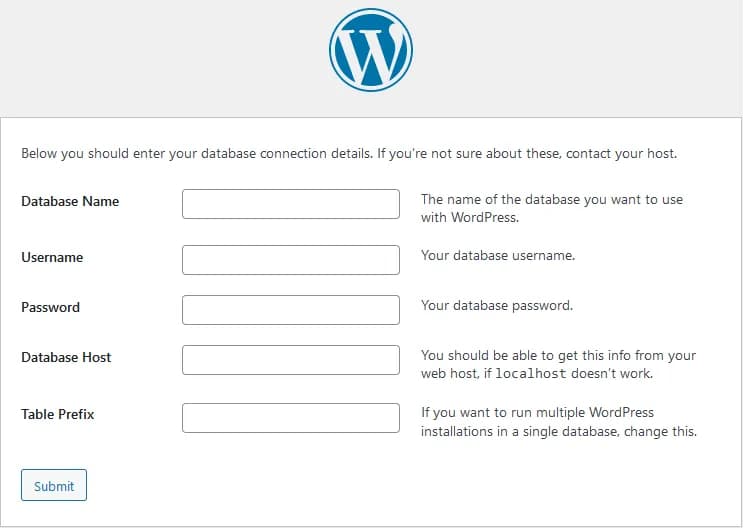 WordPress setup wizard